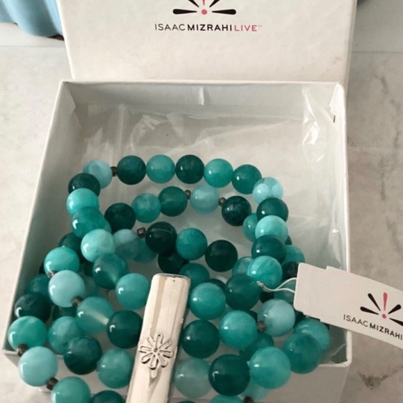 BNIB ~QVC Isaac Mizrahi Shades Of Blue 4 Strand Stretch Bead Bracelet Silver - Picture 5 of 6